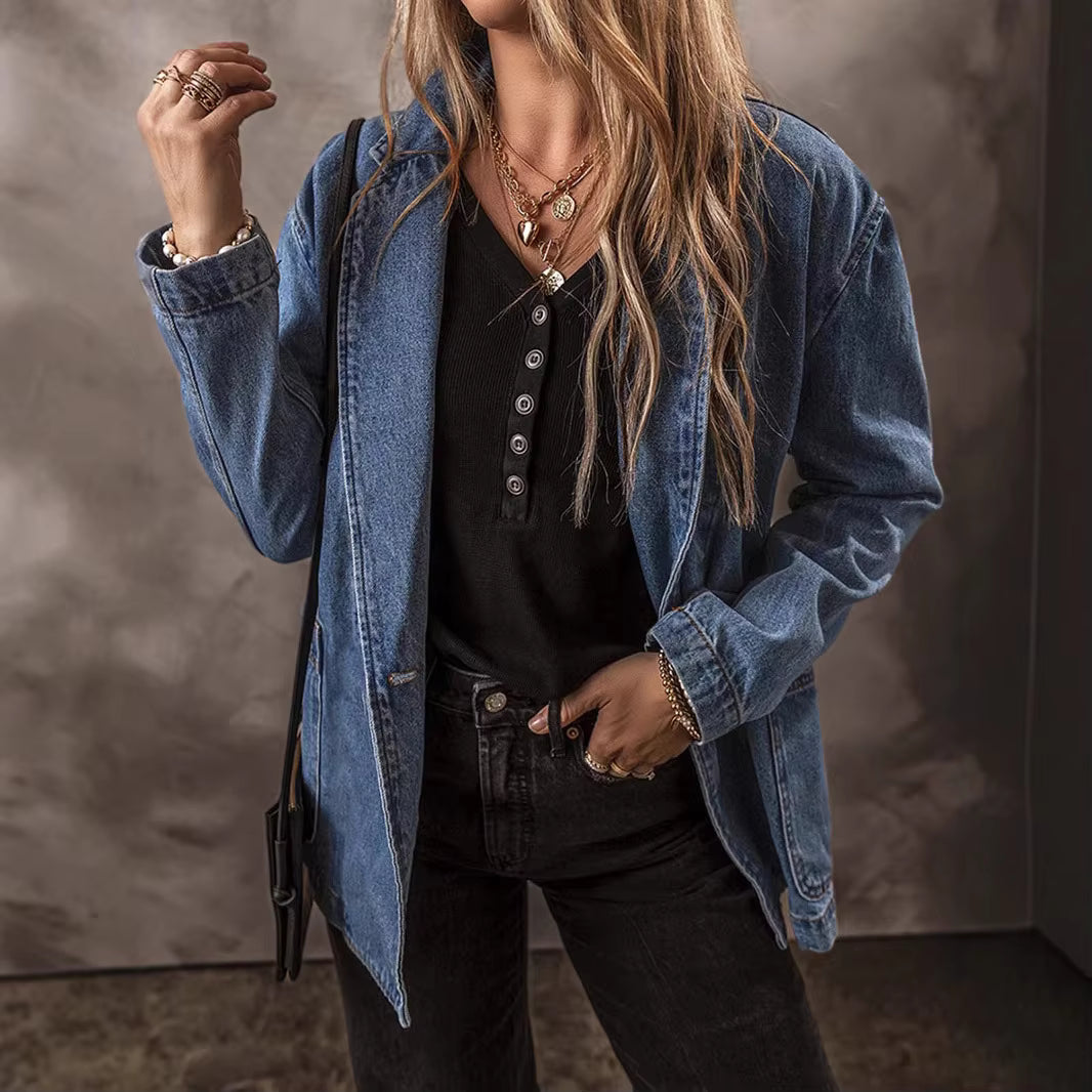 Women's Denim Jacket | Fitted Button Front Lapel Long Sleeve