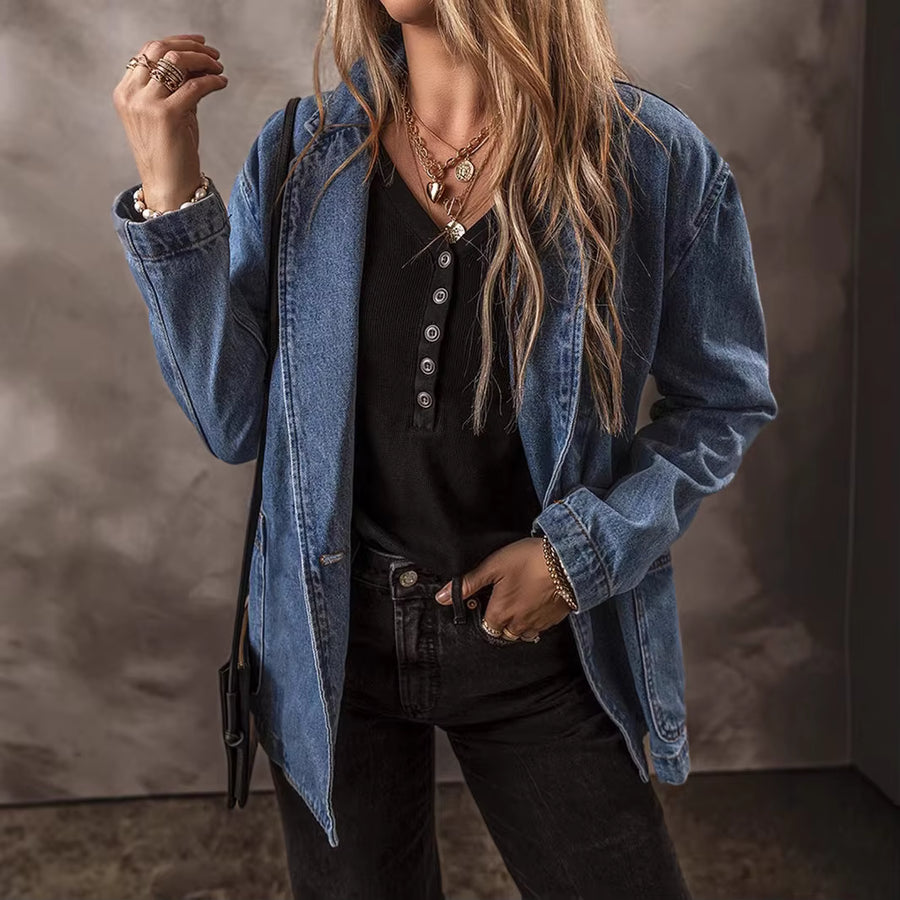 Women's Denim Jacket | Fitted Button Front Lapel Long Sleeve