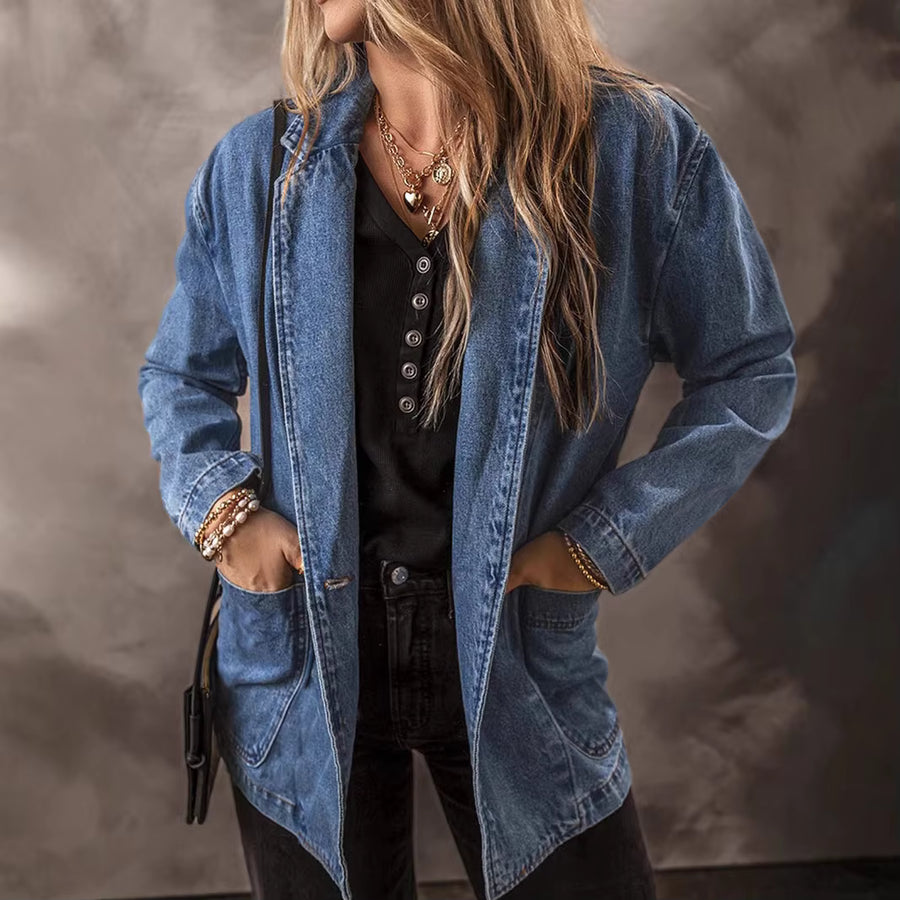 Women's Denim Jacket | Fitted Button Front Lapel Long Sleeve